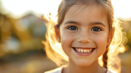 Canvas Print - Portrait of a little girl with brown hair smiling at the camera.