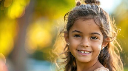 Canvas Print - A portrait of a young girl with brown hair smiling at the camera.