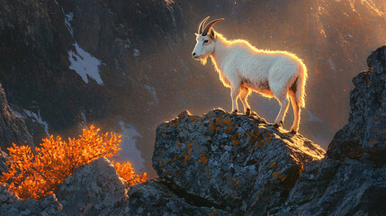 Wall Mural - A mountain goat standing triumphantly on a granite peak, surrounded by lichen-covered rocks glowing under the warm evening light. 