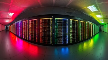 Poster - Illuminated Server Room Corridor Shows Colorful Data Center Technology