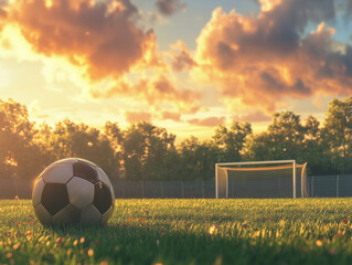 
A soccer ball placed in the center of a well-maintained football field, the goal in the background