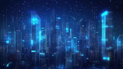 Poster - Futuristic Cityscape with Glowing Blue Buildings