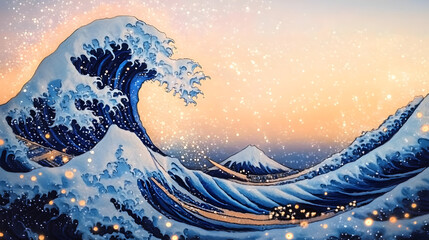 Poster - A hazy image featuring bokeh lights of The Great Wave off Kanagawa.