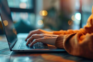 Poster - Freelancer typing on laptop keyboard in warm ambient light, working remotely in a cafe