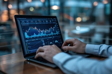 Poster - Businessman working late at night, analyzing stock market data on his laptop