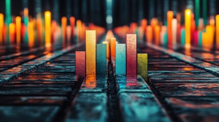 Poster - Abstract Colorful Bar Graph on Brick Surface Blur Background
