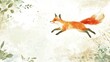 © milenialdesastudio - A playful red fox leaping through a watercolor forest scene.