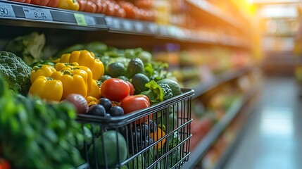 Wall Mural - Supermarket shopping cart with vegetables and fruits