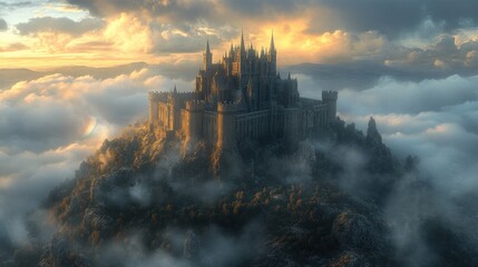 Canvas Print - Majestic castle atop misty mountain peak.