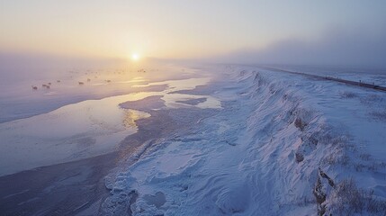 Poster - A long oil pipeline winds through a stark icy terrain, illuminated by a gentle sunrise. Frosty water bodies reflect the early morning light, creating a serene winter atmosphere