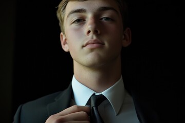 Fixing Tie. Handsome Caucasian Businessman Adjusting Clothes in Confident Pose on Dark Background