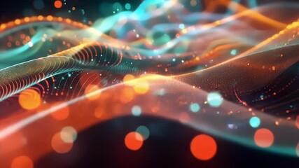 Poster - visualizing complex data streams as a dynamic wave of glowing particles swirling in dark digital spa