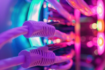 Poster - Close up of network cables plugged into a switch, illuminated by vibrant pink, purple, and teal lights in a data center
