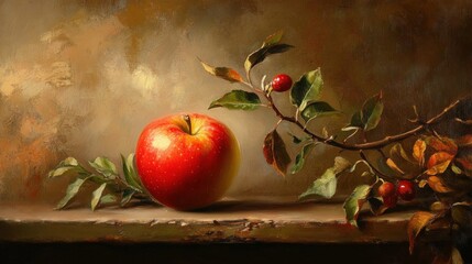 Canvas Print - Still Life with a Red Apple and Branch