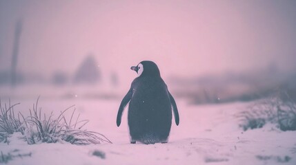 Wall Mural - lonely penguin chick walking on snowy ground in hazy weather.