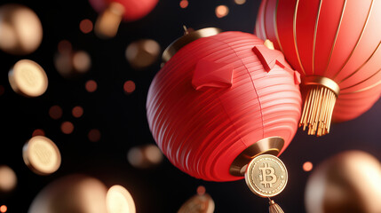 Wall Mural - Red lanterns with golden coins and Bitcoin symbols create festive atmosphere