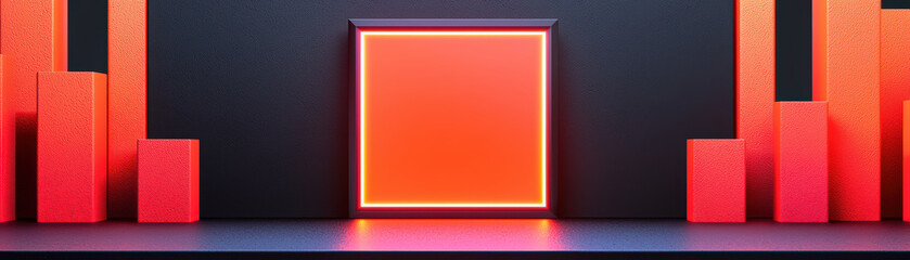 Poster - vibrant display featuring glowing square frame against dark backdrop, surrounded by red geometric shapes, creating modern aesthetic