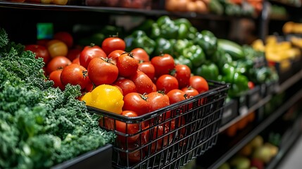 Wall Mural - Supermarket shopping cart with vegetables and fruits