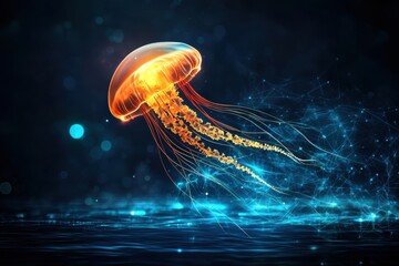 Glowing jellyfish floating in a dark, vibrant underwater scene.