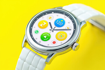 Poster - Smartwatch with colorful display and white strap on yellow background