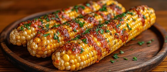 Wall Mural - Grilled corn on the cob with herbs and spices on a wooden plate.