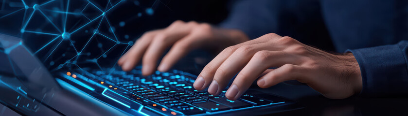Poster - focused programmer typing on futuristic keyboard, creating digital connections