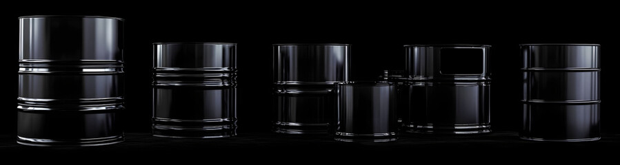 Poster - A series of glossy black steel barrels displayed in various arrangements against a solid black background, showcasing industrial and storage container designs.
