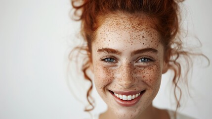 Canvas Print - A close-up portrait of a woman with red hair and freckles smiling at the camera.