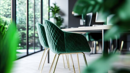 Sticker - Modern Office Interior with Stylish Green Chairs and Natural Light