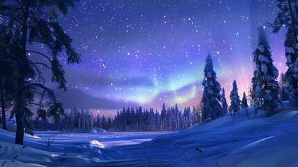 Sticker - A magical winter wonderland with snow-covered trees and a glowing aurora borealis in the night sky.