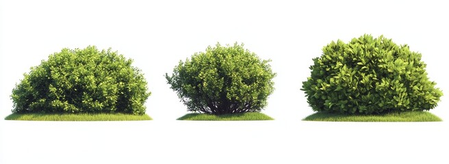 Three lush green bushes isolated on white background.