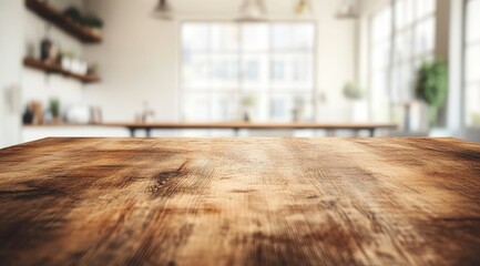 Wall Mural - Rustic wooden table in blurred kitchen background. (1)