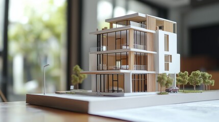 Poster - A detailed architectural model of a contemporary building sits elegantly on a table in a well-lit workspace