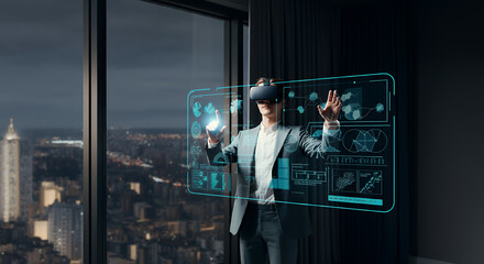 Wall Mural - Businessman Using VR Headset and Holographic Interface for Data Analysis