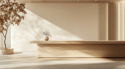 Minimalist wooden reception desk in sunlit room.