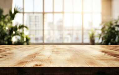 Wall Mural - Empty wooden table against blurred bright window and plants.