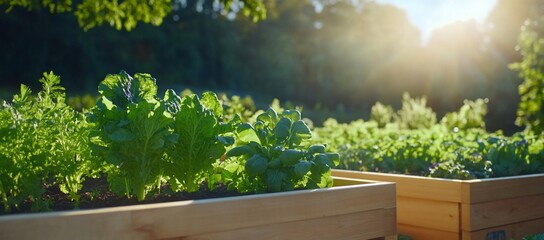 Wall Mural - Fresh greens growing in wooden planters under sunlight.