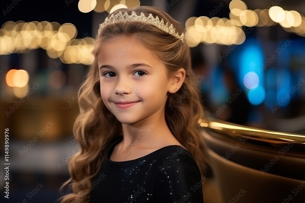Portrait of a cute little girl with long curly hair in a black evening ...