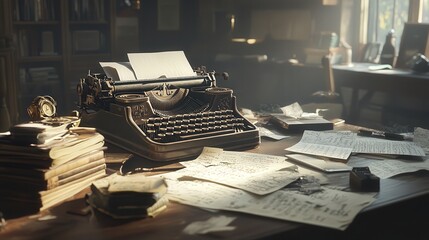 Fototapete - vintage typewriter and papers scattered across a table, with soft light streaming across the scene, giving it an inviting and creative atmosphere