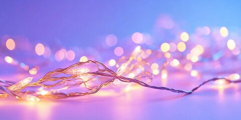 Wall Mural - A close-up of glowing fairy lights against a soft, colorful background.