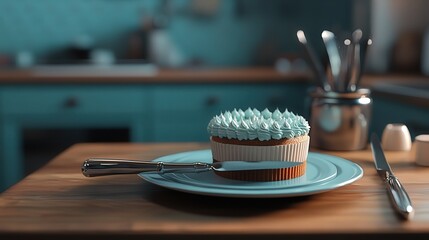 Poster - shows a cake plate, piping tool, and knife perfectly placed, highlighting the elements of a cake decorator's workspace in stunning clarity