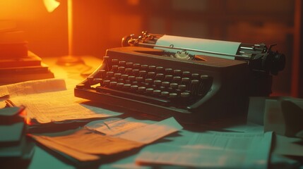 Fototapete - vintage typewriter surrounded by documents on a table, the warm lighting bringing out the textures and shadows