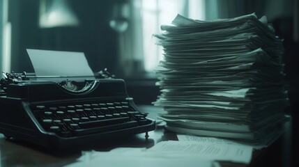Fototapete - typewriter and a stack of documents on a table, captured in close-up to show the intricate details of the machine and the crumpled edges of the papers,