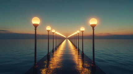 Poster - bridge lit by rows of light bulb poles, their soft glow reflecting in the sea as the last traces of daylight fade away, creating a serene and tranquil scene