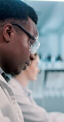 Poster - Science, microscope and research with black man in laboratory for innovation, healthcare and writing. Medical, idea and pathology with person in clinic for expert, biotechnology and scientist report.
