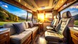 © Manatsavee - Motorhome Interior Camping Seat: Eye-Level View of Van Vacation Travel Home Camper Journey Window