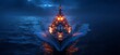 © rambat - Warship sailing at night, illuminated, ocean waves.