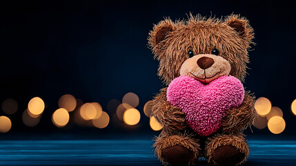 Cute teddy bear holding heart shaped pink stuffed toy, surrounded by soft bokeh lights. This adorable plush toy evokes feelings of love and warmth, perfect for gifts