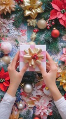 Wall Mural - hands holding elegant white gift box with golden bow surrounded by festive christmas decorations inc