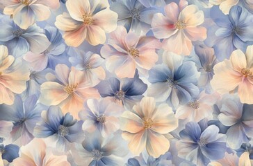 Wall Mural - Soft pastel floral pattern featuring various blooms in shades of blue and pink on a light background